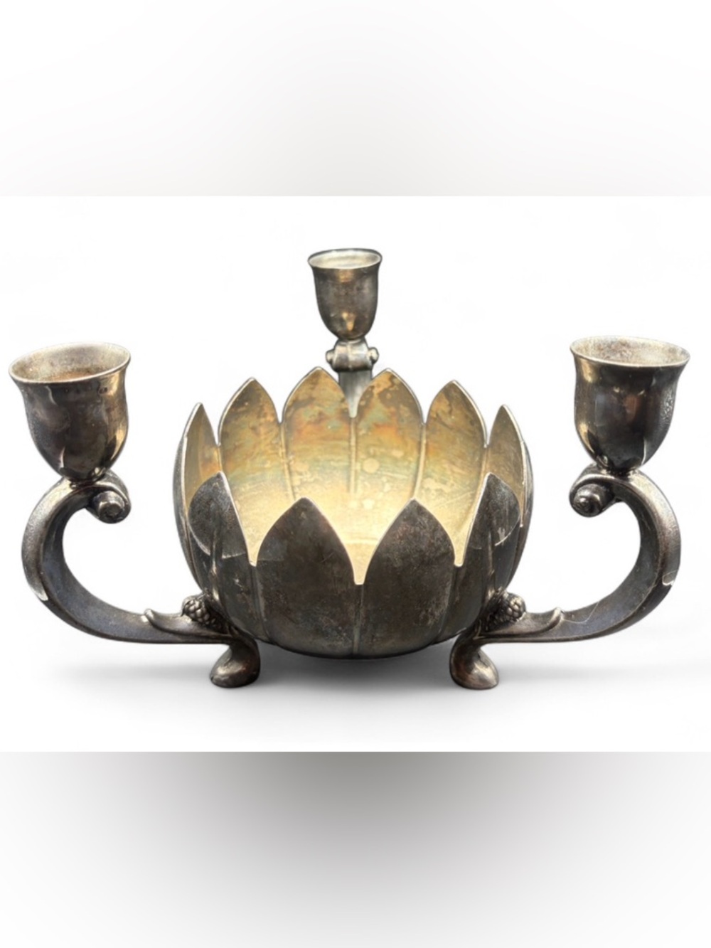Leonard Silver Plate Vintage Lotus Flower Bowl & 3 Candle Stick Holder Decor